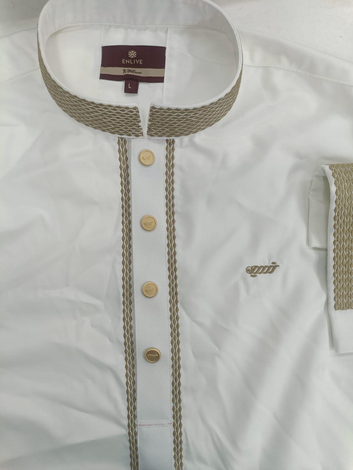 White shirt with gold accents and buttons on a white background