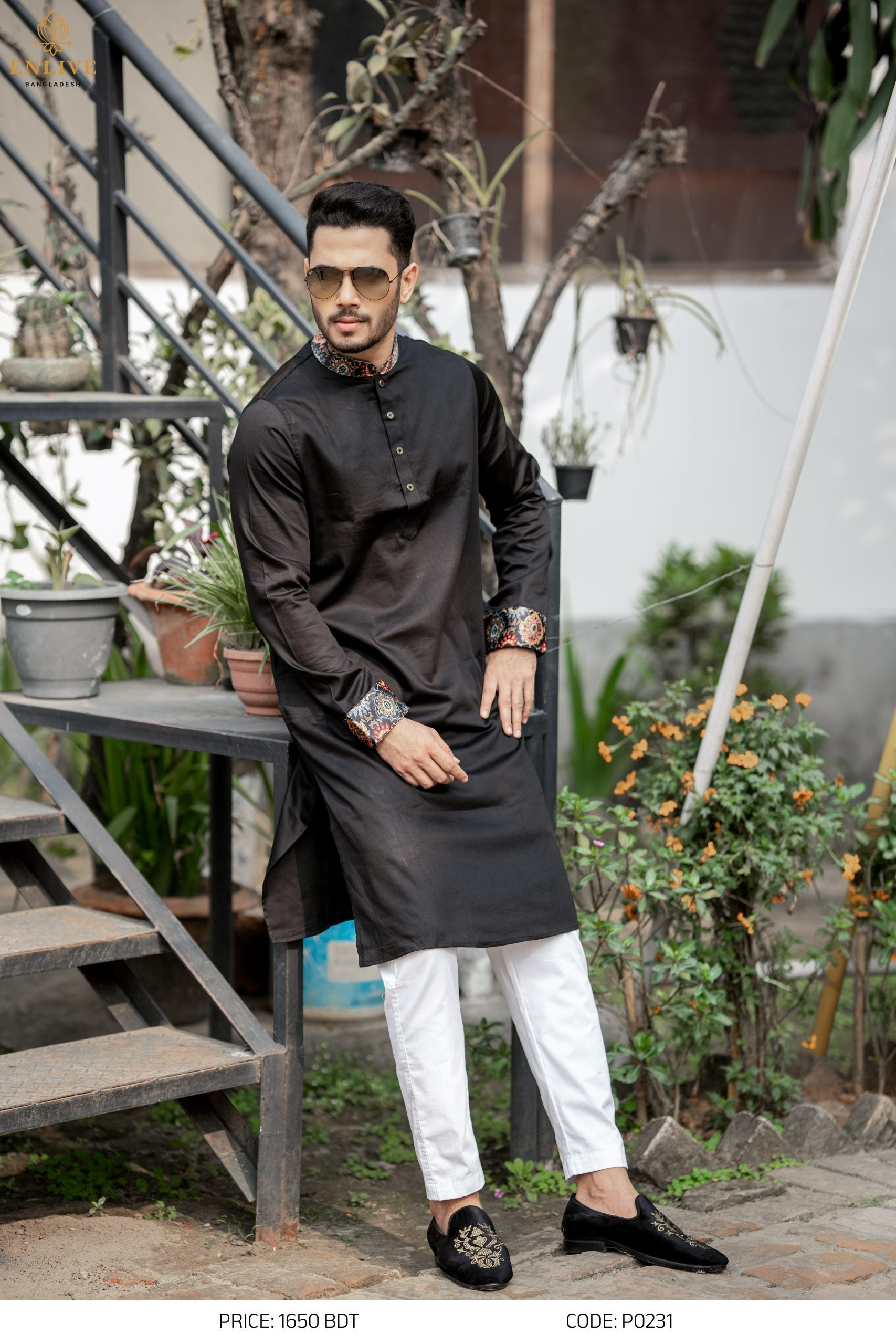 Print Contrasted Black Panjabi